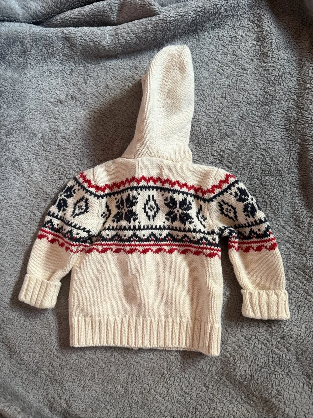 Ralph Lauren Cream Hooded Knit Sweater with Navy & Red Nordic Pattern